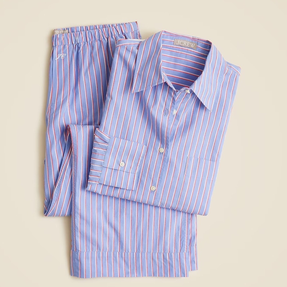 NWT J.Crew Relaxed Cotton Poplin Pajama Pant Set in Stripe Blue Size XXL